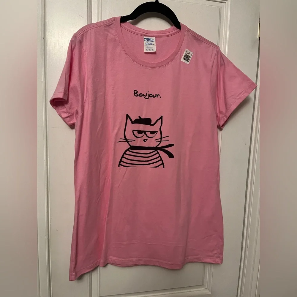 Bonjour Pink Cat Graphic T-Shirt